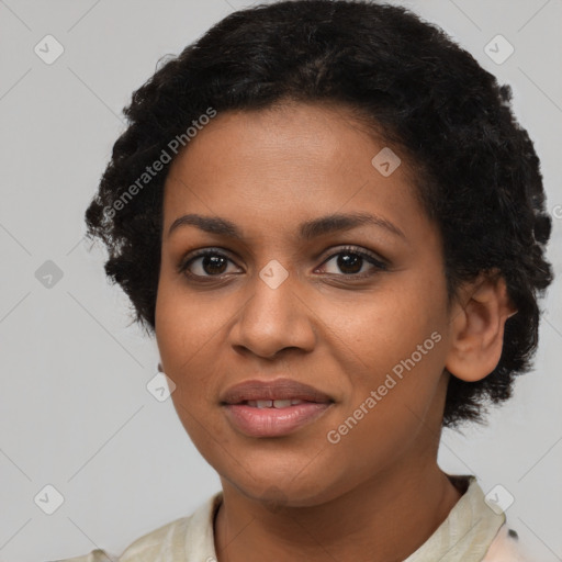 Joyful latino young-adult female with short  black hair and brown eyes