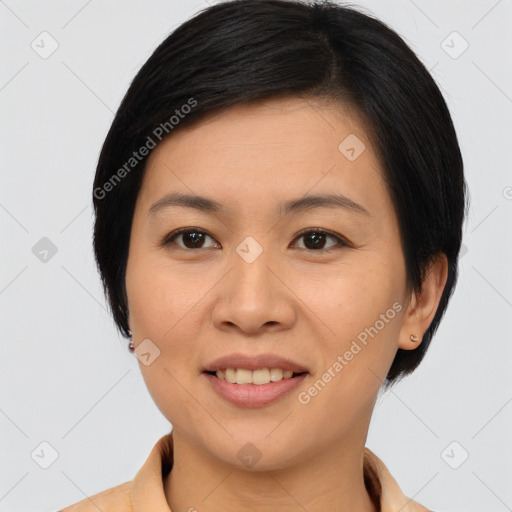 Joyful white young-adult female with medium  brown hair and brown eyes