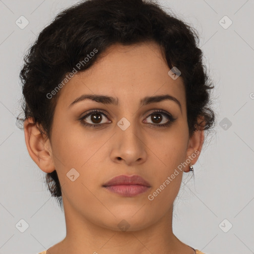 Neutral latino young-adult female with short  brown hair and brown eyes