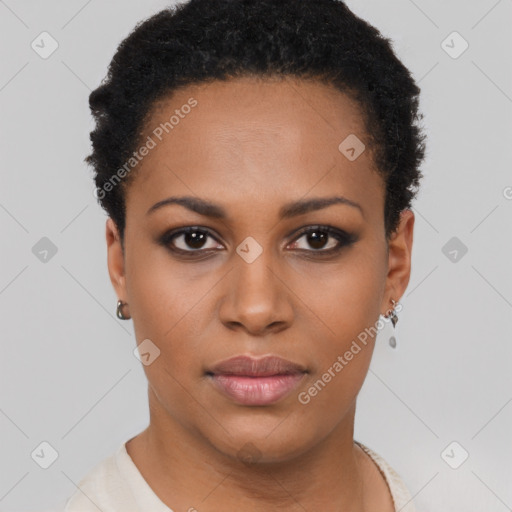 Joyful black young-adult female with short  black hair and brown eyes