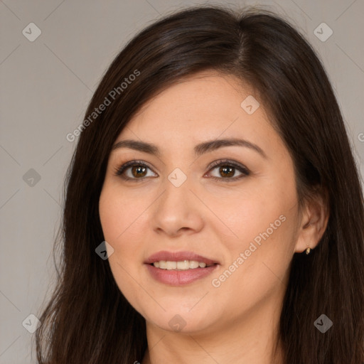 Joyful white young-adult female with long  brown hair and brown eyes