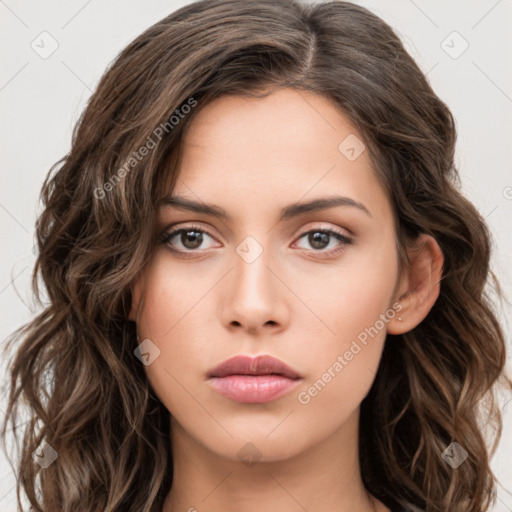 Neutral white young-adult female with long  brown hair and brown eyes