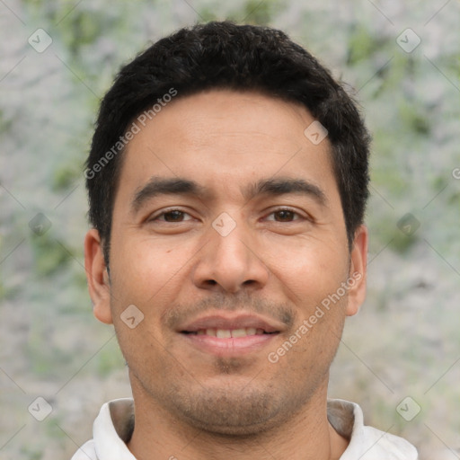 Joyful asian young-adult male with short  black hair and brown eyes