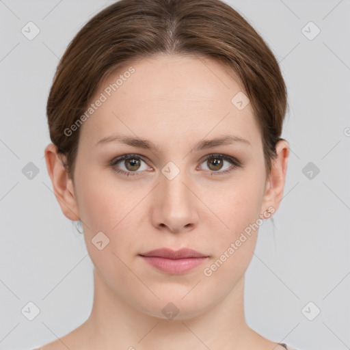 Neutral white young-adult female with medium  brown hair and brown eyes