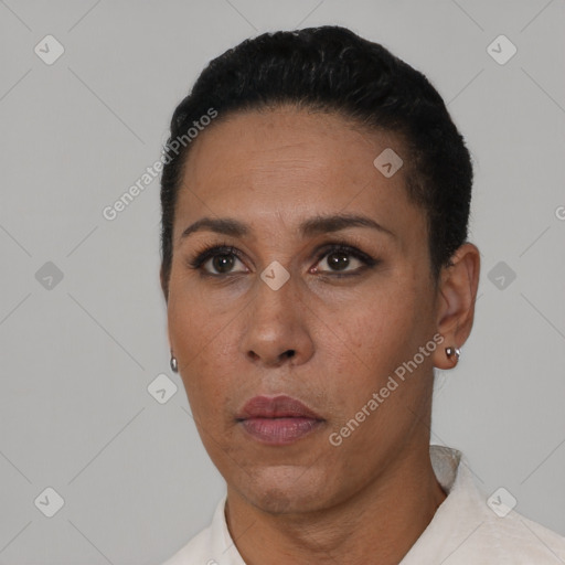 Neutral latino young-adult female with short  black hair and brown eyes