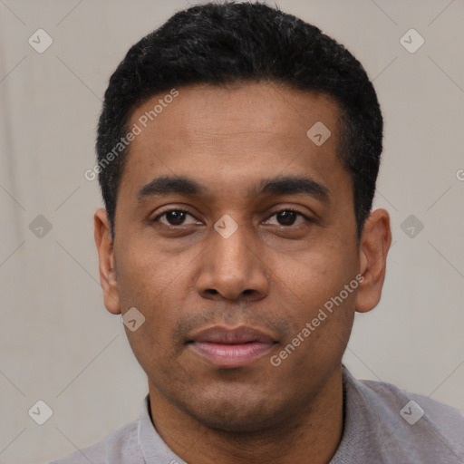 Neutral latino young-adult male with short  black hair and brown eyes