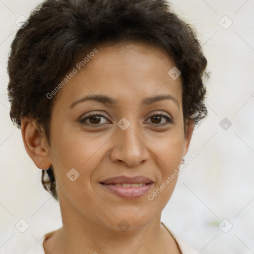 Joyful white adult female with short  brown hair and brown eyes