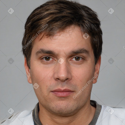 Neutral white young-adult male with short  brown hair and brown eyes