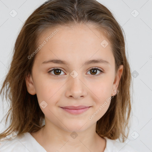 Joyful white child female with medium  brown hair and brown eyes