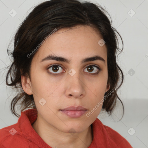 Neutral white young-adult female with medium  brown hair and brown eyes