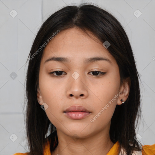 Neutral asian young-adult female with medium  brown hair and brown eyes