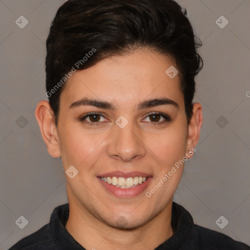 Joyful white young-adult female with short  brown hair and brown eyes