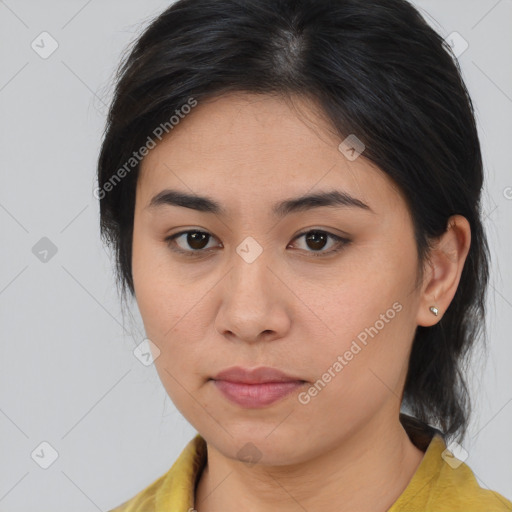 Neutral asian young-adult female with medium  brown hair and brown eyes