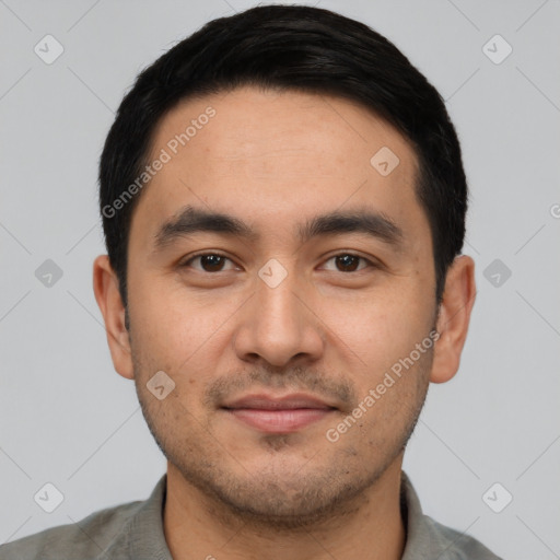 Joyful asian young-adult male with short  black hair and brown eyes