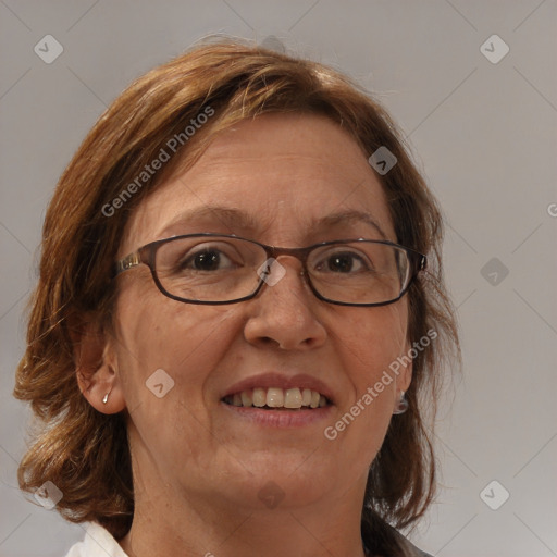 Joyful white adult female with medium  brown hair and blue eyes