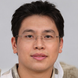 Neutral asian adult male with short  brown hair and brown eyes