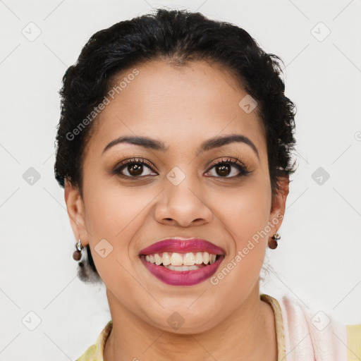 Joyful latino young-adult female with short  brown hair and brown eyes