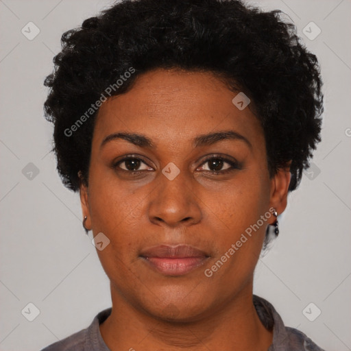 Neutral black young-adult female with short  black hair and brown eyes