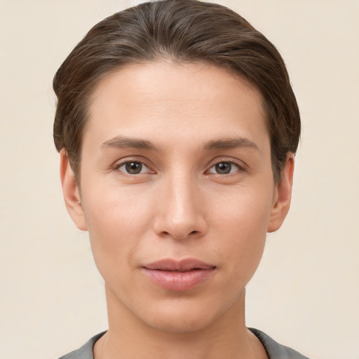 Neutral white young-adult female with short  brown hair and brown eyes