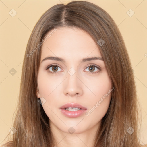 Neutral white young-adult female with long  brown hair and brown eyes