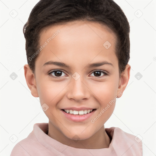 Joyful white child female with short  brown hair and brown eyes