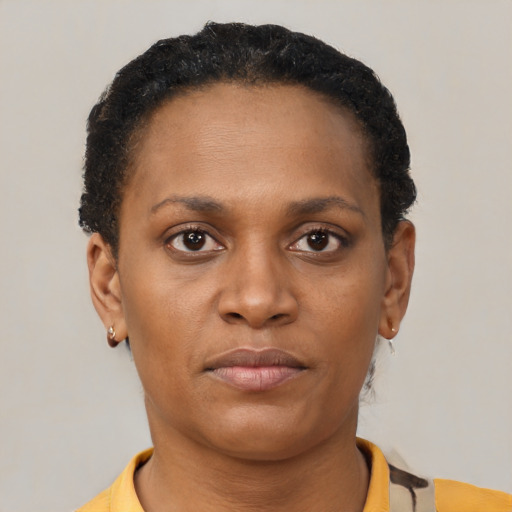 Neutral black young-adult female with short  brown hair and brown eyes