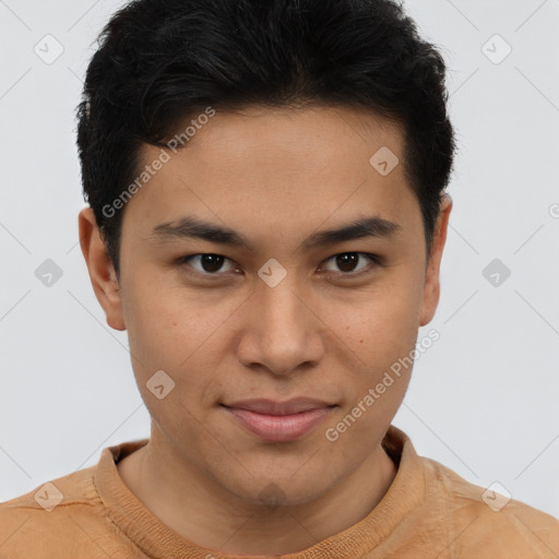 Joyful latino young-adult male with short  brown hair and brown eyes