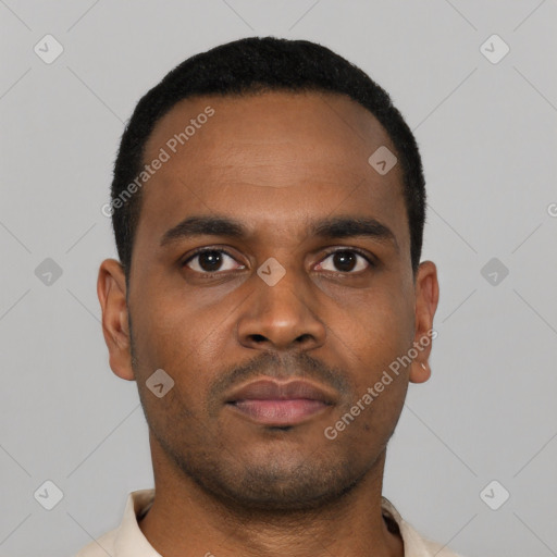 Neutral latino young-adult male with short  brown hair and brown eyes