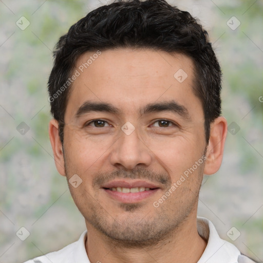 Joyful white young-adult male with short  black hair and brown eyes