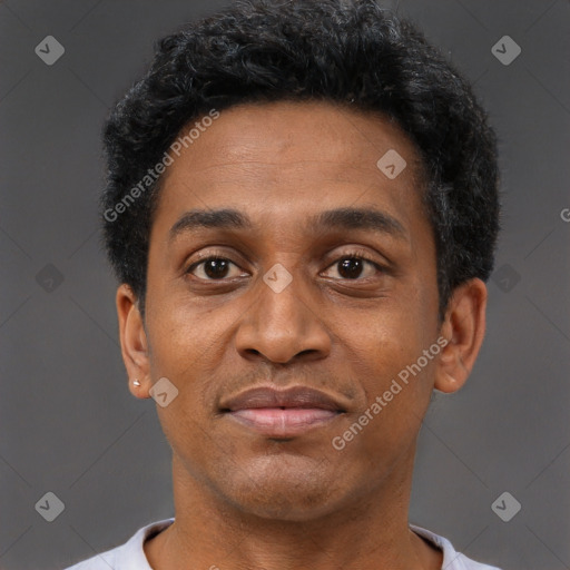 Neutral black young-adult male with short  brown hair and brown eyes