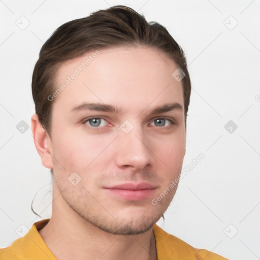 Neutral white young-adult male with short  brown hair and grey eyes