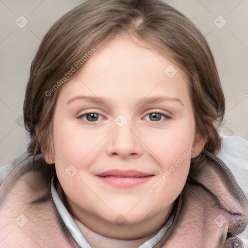 Joyful white child female with medium  brown hair and grey eyes