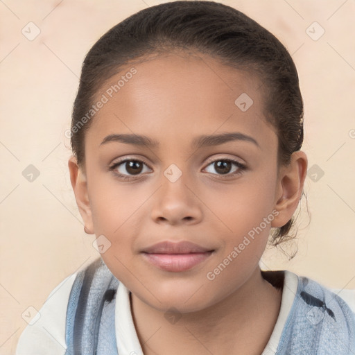 Joyful white child female with medium  brown hair and brown eyes