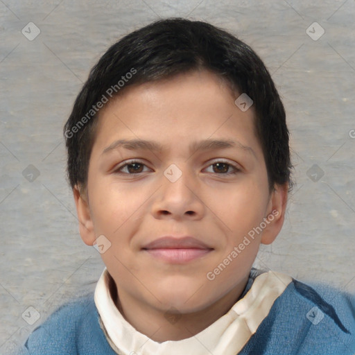 Joyful white child female with short  brown hair and brown eyes