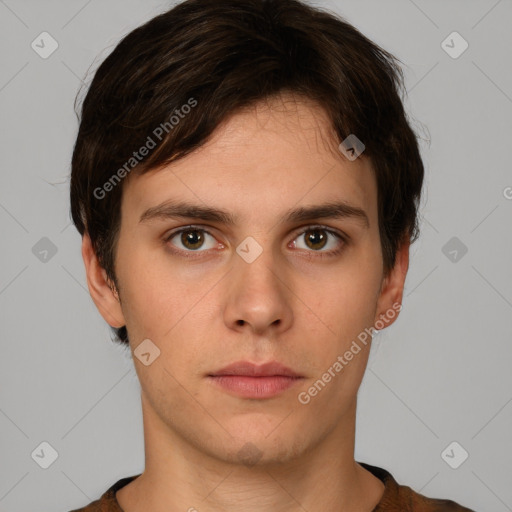 Neutral white young-adult male with short  brown hair and brown eyes