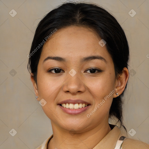 Joyful asian young-adult female with medium  brown hair and brown eyes