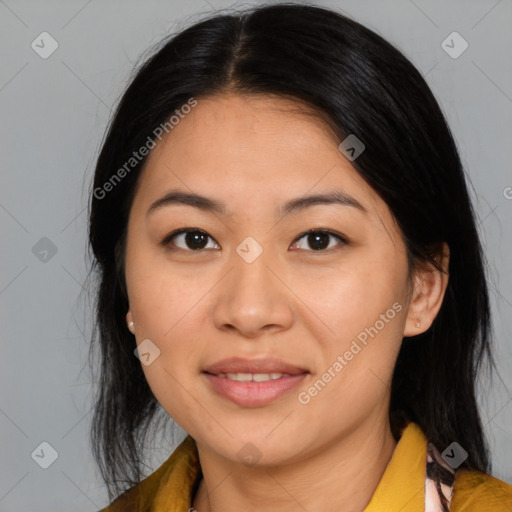 Joyful asian young-adult female with medium  brown hair and brown eyes