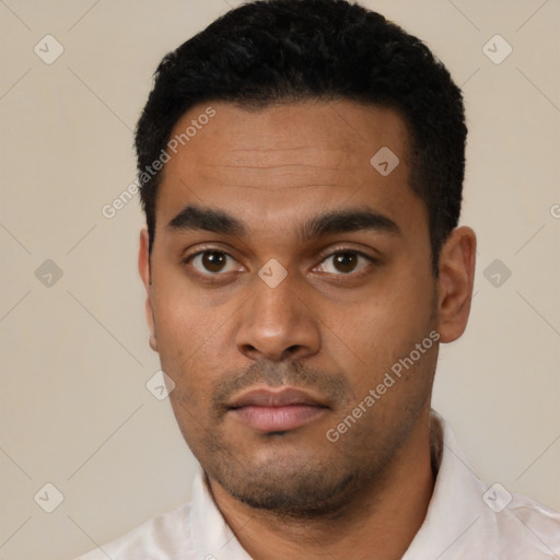 Neutral latino young-adult male with short  black hair and brown eyes