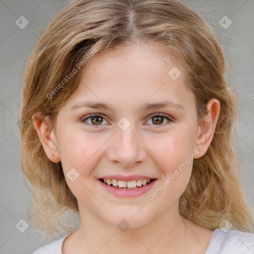 Joyful white child female with medium  brown hair and grey eyes