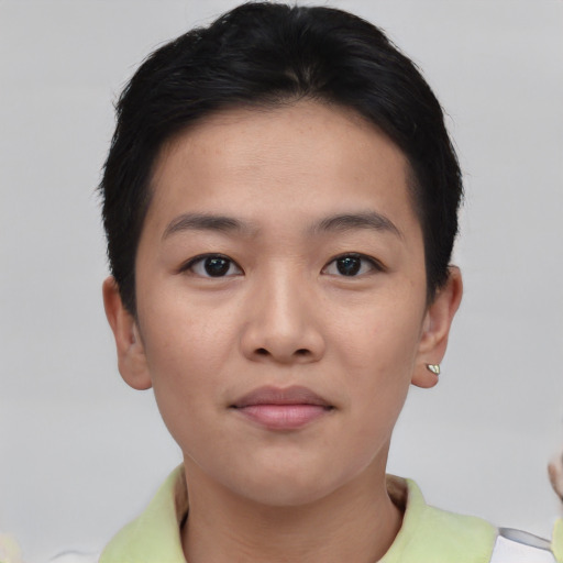 Neutral asian young-adult female with short  brown hair and brown eyes