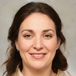 Joyful white adult female with medium  brown hair and brown eyes