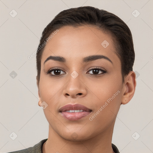 Joyful latino young-adult female with short  brown hair and brown eyes