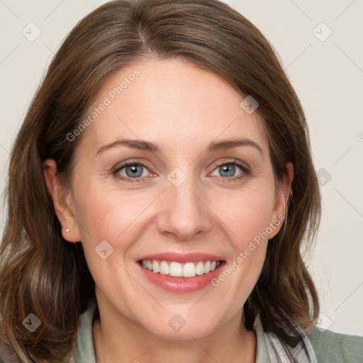 Joyful white young-adult female with medium  brown hair and blue eyes