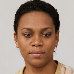 Neutral black young-adult female with short  black hair and brown eyes