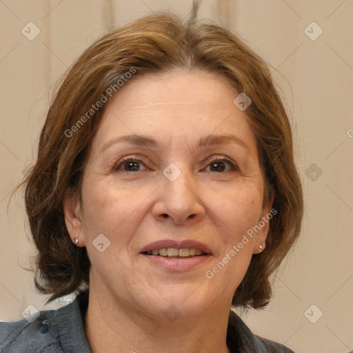 Joyful white adult female with medium  brown hair and brown eyes