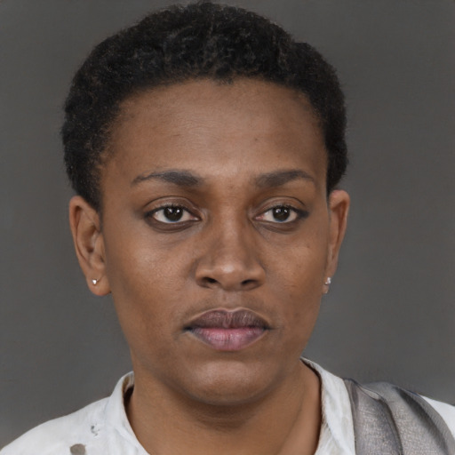 Neutral black young-adult female with short  brown hair and brown eyes