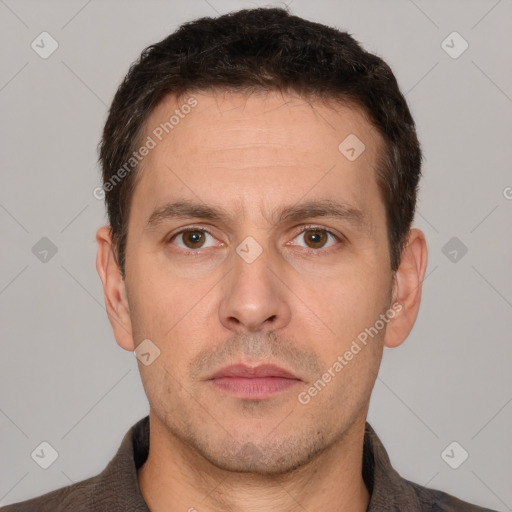 Neutral white adult male with short  brown hair and brown eyes