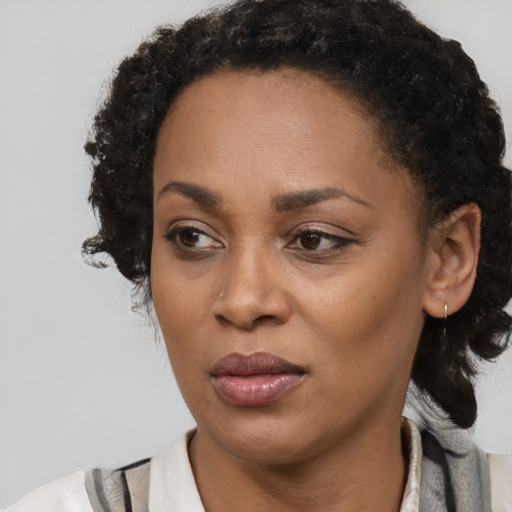 Joyful black adult female with medium  black hair and brown eyes