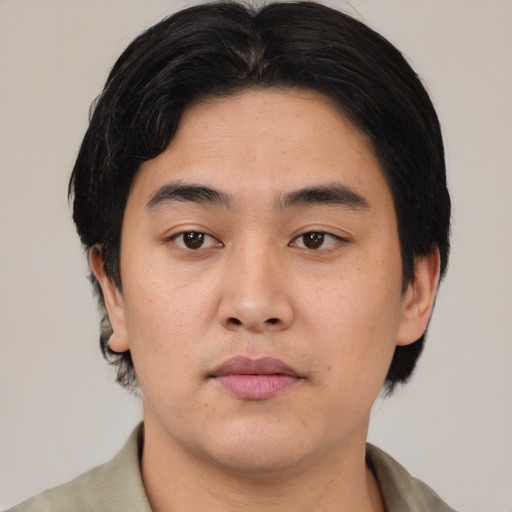 Neutral asian young-adult male with medium  black hair and brown eyes