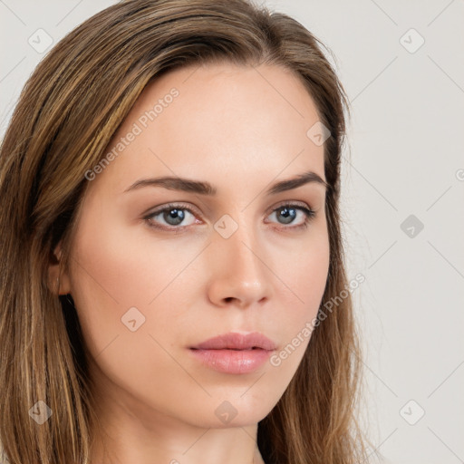 Neutral white young-adult female with long  brown hair and brown eyes